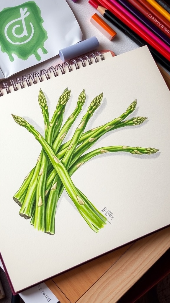 A sketchbook with a detailed drawing of asparagus and art supplies surrounding it.